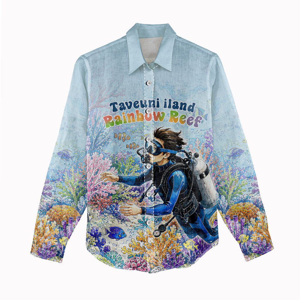 Fiji Taveuni Rainbow Reef Women Casual Shirt Scuba Diver Vibrant Undersea Coral Garden Watercolor TS04 - Polynesian Pride