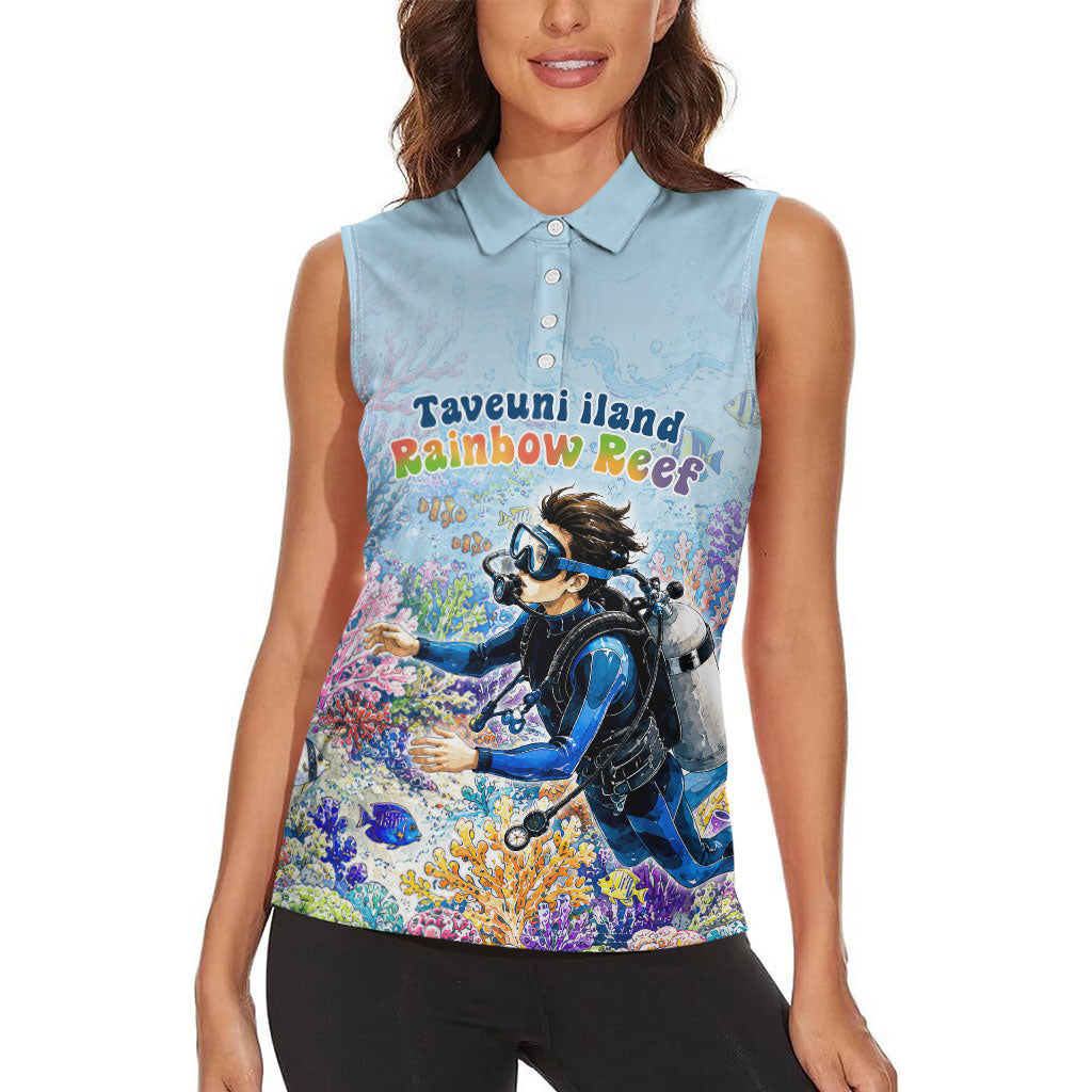 Fiji Taveuni Rainbow Reef Women Sleeveless Polo Shirt Scuba Diver Vibrant Undersea Coral Garden Watercolor TS04 - Polynesian Pride