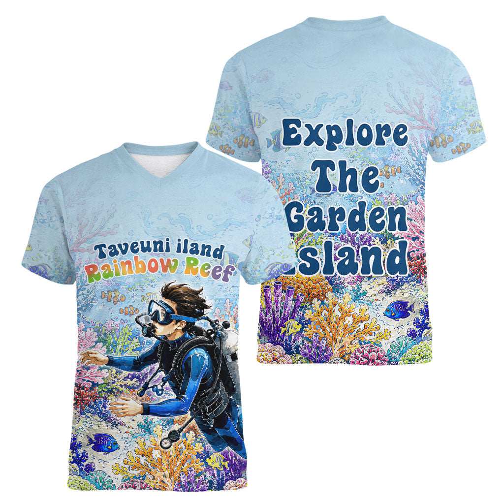 Fiji Taveuni Rainbow Reef Women V-Neck T-Shirt Scuba Diver Vibrant Undersea Coral Garden Watercolor TS04 - Polynesian Pride