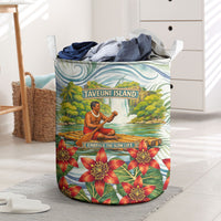 Fiji Taveuni Island Dateline Crossing Laundry Basket Tropical Cultural Landscape With Tagimoucia Floral Pattern TS04 White Green - Polynesian Pride