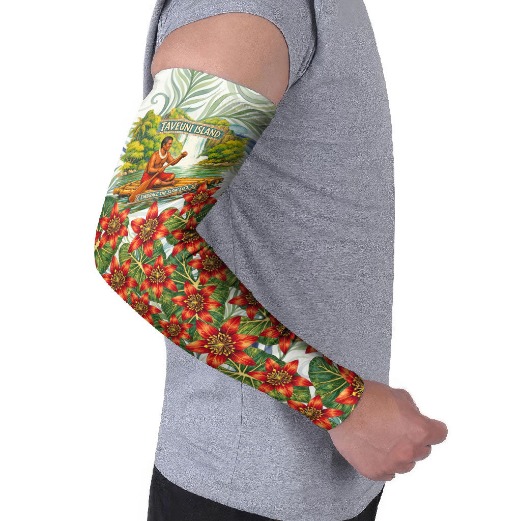 Fiji Taveuni Island Dateline Crossing Arm Sleeves Tropical Cultural Landscape With Tagimoucia Floral Pattern TS04 - Polynesian Pride