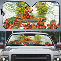 Fiji Taveuni Island Dateline Crossing Auto Sun Shade Tropical Cultural Landscape With Tagimoucia Floral Pattern TS04 White Green - Polynesian Pride