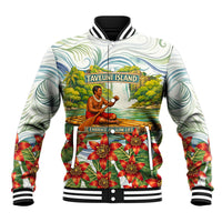 Fiji Taveuni Island Dateline Crossing Baseball Jacket Tropical Cultural Landscape With Tagimoucia Floral Pattern TS04 Unisex White Green - Polynesian Pride