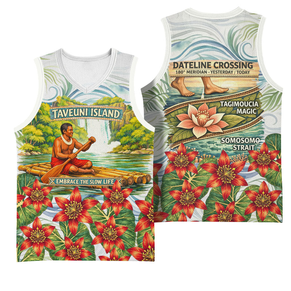 Fiji Taveuni Island Dateline Crossing Basketball Jersey Tropical Cultural Landscape With Tagimoucia Floral Pattern TS04 - Polynesian Pride