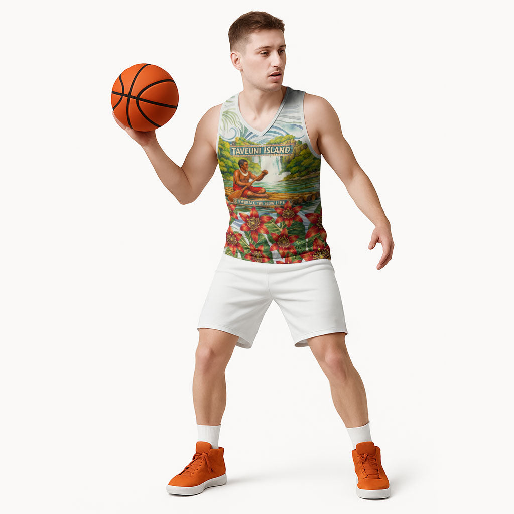 Fiji Taveuni Island Dateline Crossing Basketball Jersey Tropical Cultural Landscape With Tagimoucia Floral Pattern TS04 - Polynesian Pride