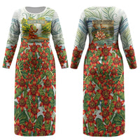 Fiji Taveuni Island Dateline Crossing Couples Matching Long Sleeve Bodycon Dress and Hawaiian Shirt Tropical Cultural Landscape With Tagimoucia Floral Pattern TS04 - Polynesian Pride
