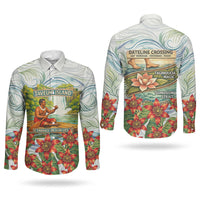 Fiji Taveuni Island Dateline Crossing Couples Matching Long Sleeve Bodycon Dress and Long Sleeve Button Shirt Tropical Cultural Landscape With Tagimoucia Floral Pattern TS04 - Polynesian Pride