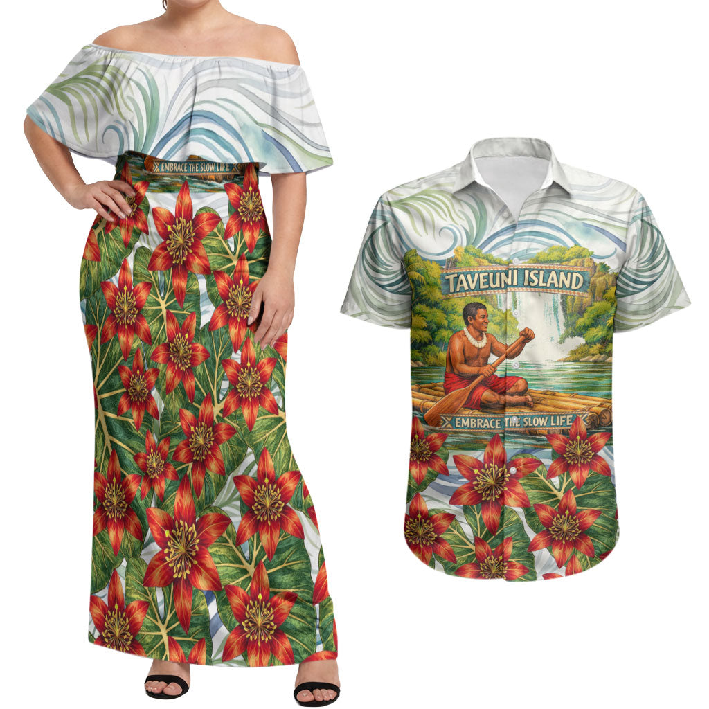 Fiji Taveuni Island Dateline Crossing Couples Matching Off Shoulder Maxi Dress and Hawaiian Shirt Tropical Cultural Landscape With Tagimoucia Floral Pattern TS04 White Green - Polynesian Pride