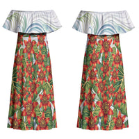 Fiji Taveuni Island Dateline Crossing Couples Matching Off Shoulder Maxi Dress and Long Sleeve Button Shirt Tropical Cultural Landscape With Tagimoucia Floral Pattern TS04 - Polynesian Pride