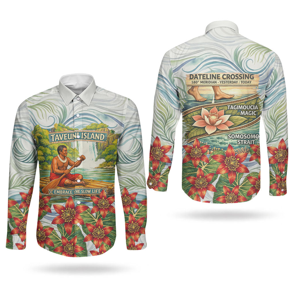 Fiji Taveuni Island Dateline Crossing Couples Matching Off Shoulder Short Dress and Long Sleeve Button Shirt Tropical Cultural Landscape With Tagimoucia Floral Pattern TS04 - Polynesian Pride