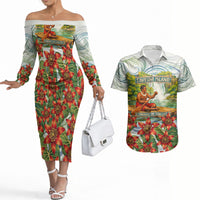 Fiji Taveuni Island Dateline Crossing Couples Matching Off The Shoulder Long Sleeve Dress and Hawaiian Shirt Tropical Cultural Landscape With Tagimoucia Floral Pattern TS04 White Green - Polynesian Pride