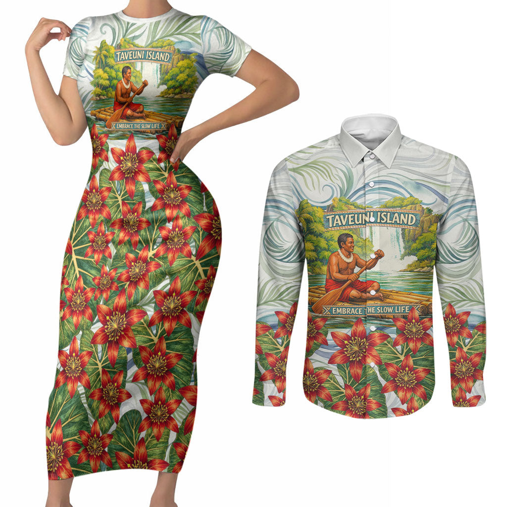 Fiji Taveuni Island Dateline Crossing Couples Matching Short Sleeve Bodycon Dress and Long Sleeve Button Shirt Tropical Cultural Landscape With Tagimoucia Floral Pattern TS04 White Green - Polynesian Pride
