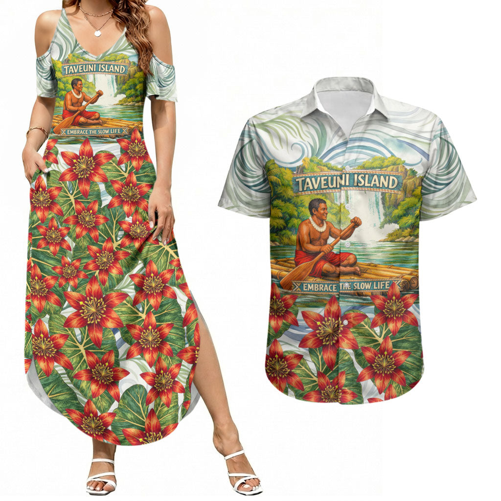 Fiji Taveuni Island Dateline Crossing Couples Matching Summer Maxi Dress and Hawaiian Shirt Tropical Cultural Landscape With Tagimoucia Floral Pattern