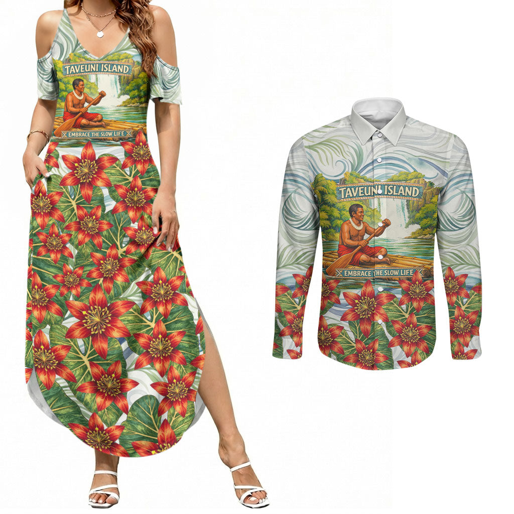 Fiji Taveuni Island Dateline Crossing Couples Matching Summer Maxi Dress and Long Sleeve Button Shirt Tropical Cultural Landscape With Tagimoucia Floral Pattern