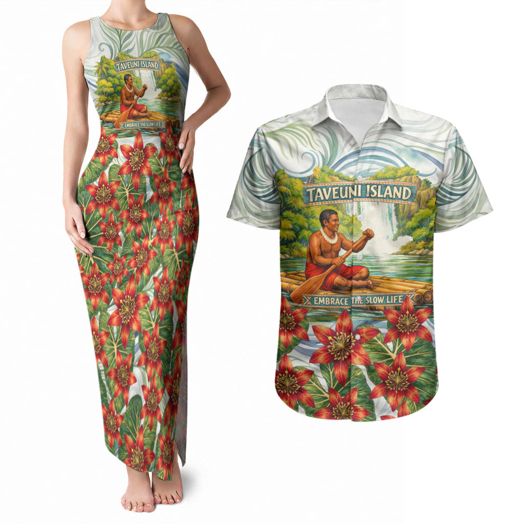 Fiji Taveuni Island Dateline Crossing Couples Matching Tank Maxi Dress and Hawaiian Shirt Tropical Cultural Landscape With Tagimoucia Floral Pattern