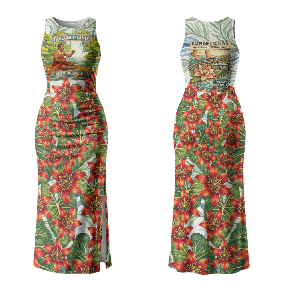 Fiji Taveuni Island Dateline Crossing Couples Matching Tank Maxi Dress and Hawaiian Shirt Tropical Cultural Landscape With Tagimoucia Floral Pattern TS04 - Polynesian Pride