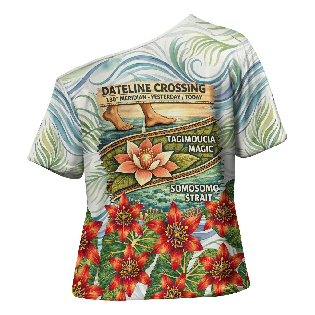 Fiji Taveuni Island Dateline Crossing Cross Shoulder Shirt Tropical Cultural Landscape With Tagimoucia Floral Pattern TS04 - Polynesian Pride