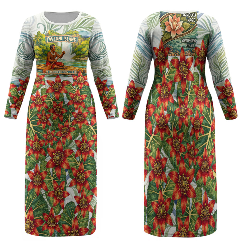 Fiji Taveuni Island Dateline Crossing Family Matching Long Sleeve Bodycon Dress and Hawaiian Shirt Tropical Cultural Landscape With Tagimoucia Floral Pattern TS04 Mom's Dress White Green - Polynesian Pride