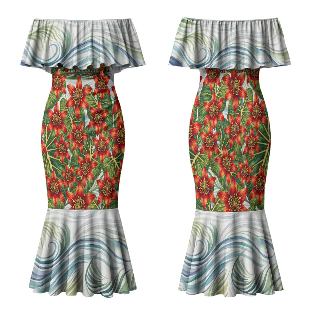 Fiji Taveuni Island Dateline Crossing Family Matching Mermaid Dress and Hawaiian Shirt Tropical Cultural Landscape With Tagimoucia Floral Pattern TS04 Mom's Dress White Green - Polynesian Pride
