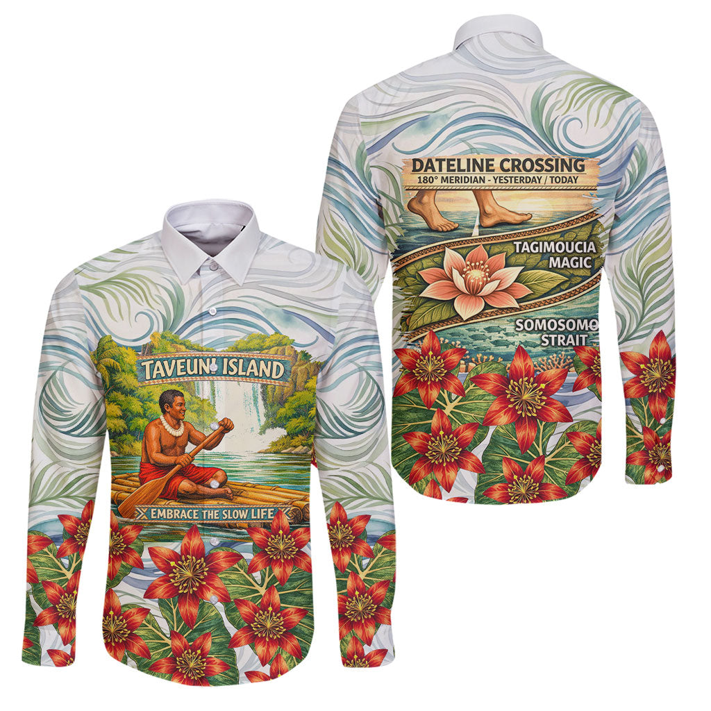 Fiji Taveuni Island Dateline Crossing Family Matching Off Shoulder Maxi Dress and Hawaiian Shirt Tropical Cultural Landscape With Tagimoucia Floral Pattern TS04 Dad's Shirt - Long Sleeve White Green - Polynesian Pride