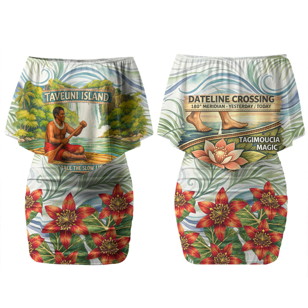 Fiji Taveuni Island Dateline Crossing Family Matching Off Shoulder Short Dress and Hawaiian Shirt Tropical Cultural Landscape With Tagimoucia Floral Pattern TS04 Mom's Dress White Green - Polynesian Pride