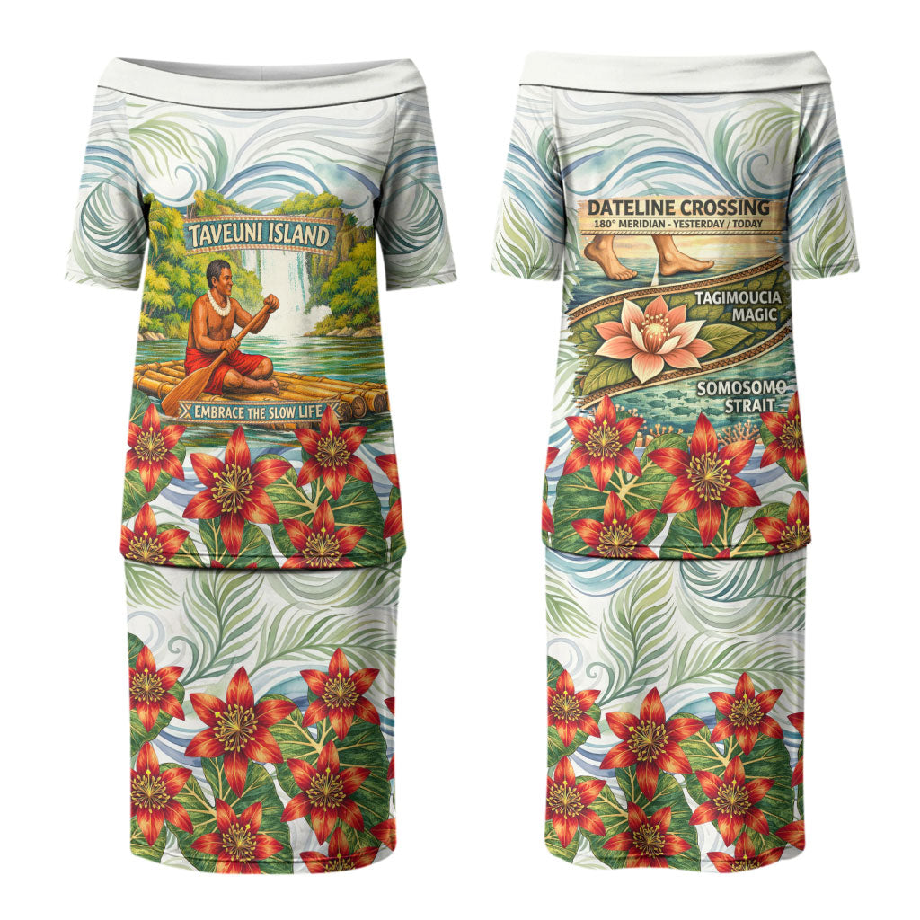 Fiji Taveuni Island Dateline Crossing Family Matching Puletasi and Hawaiian Shirt Tropical Cultural Landscape With Tagimoucia Floral Pattern TS04 Mom's Dress White Green - Polynesian Pride