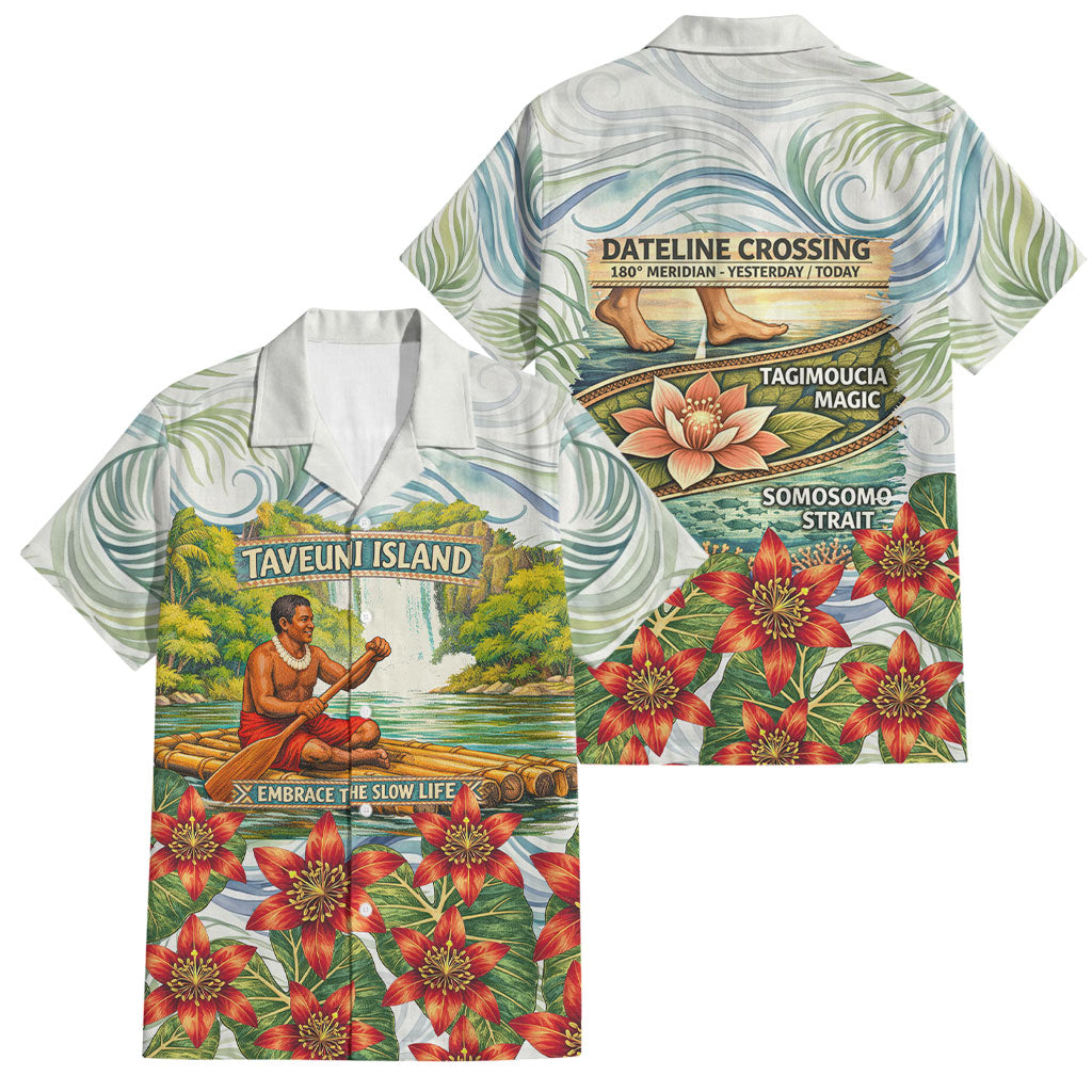Fiji Taveuni Island Dateline Crossing Family Matching Puletasi and Hawaiian Shirt Tropical Cultural Landscape With Tagimoucia Floral Pattern TS04 Dad's Shirt - Short Sleeve White Green - Polynesian Pride