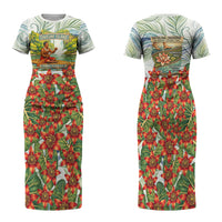 Fiji Taveuni Island Dateline Crossing Family Matching Short Sleeve Bodycon Dress and Hawaiian Shirt Tropical Cultural Landscape With Tagimoucia Floral Pattern TS04 Mom's Dress White Green - Polynesian Pride