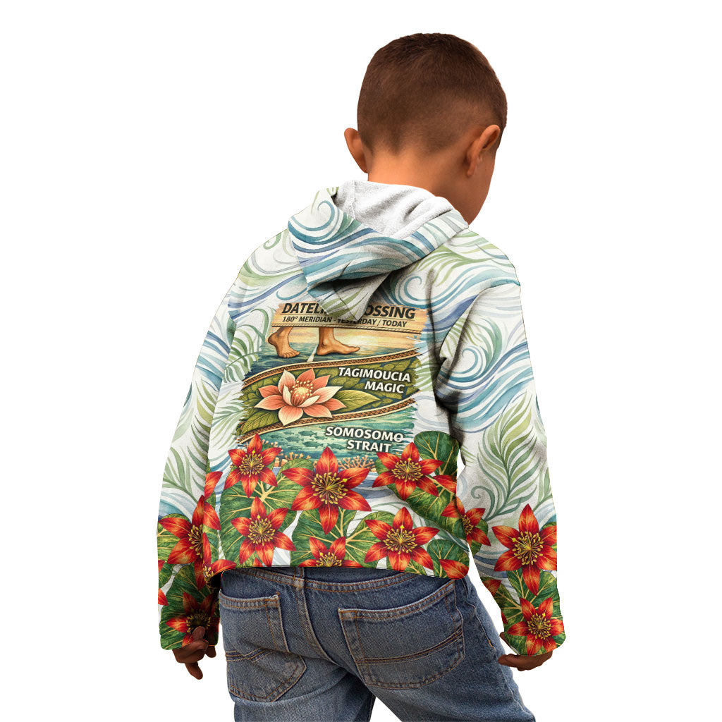 Fiji Taveuni Island Dateline Crossing Kid Hoodie Tropical Cultural Landscape With Tagimoucia Floral Pattern TS04 - Polynesian Pride