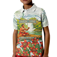 Fiji Taveuni Island Dateline Crossing Kid Polo Shirt Tropical Cultural Landscape With Tagimoucia Floral Pattern TS04 Kid White Green - Polynesian Pride