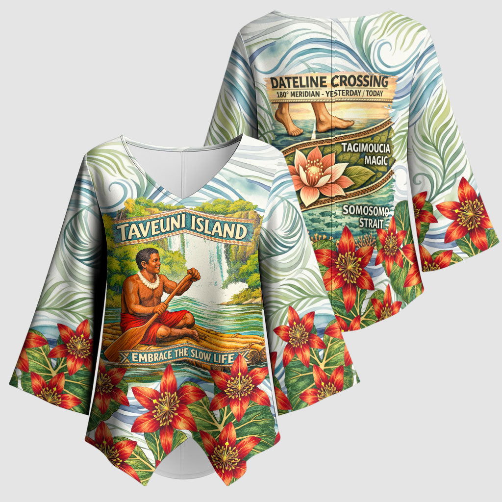 Fiji Taveuni Island Dateline Crossing Kimono Sleeve Blouse Tropical Cultural Landscape With Tagimoucia Floral Pattern TS04 - Polynesian Pride