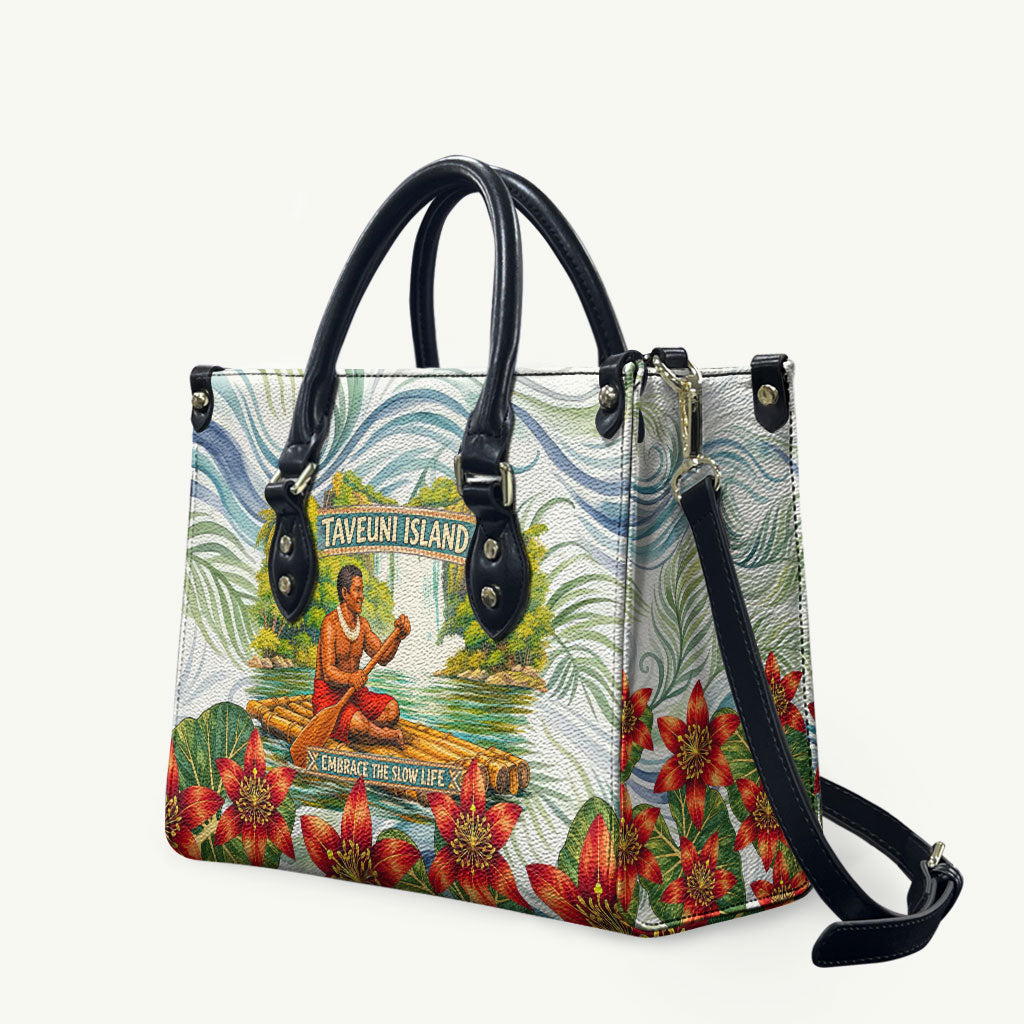 Fiji Taveuni Island Dateline Crossing Leather Bag Tropical Cultural Landscape With Tagimoucia Floral Pattern