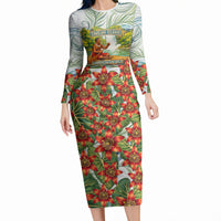 Fiji Taveuni Island Dateline Crossing Long Sleeve Bodycon Dress Tropical Cultural Landscape With Tagimoucia Floral Pattern TS04 Long Dress White Green - Polynesian Pride
