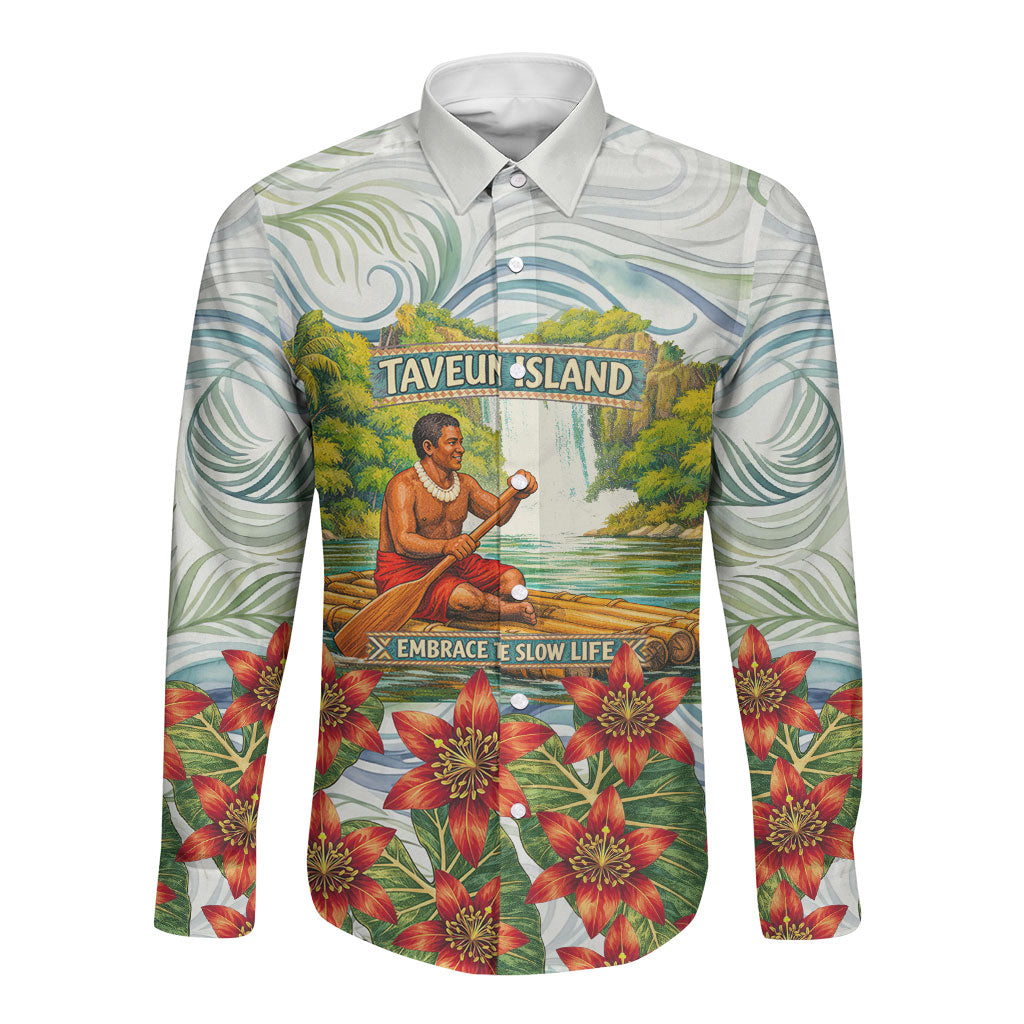 Fiji Taveuni Island Dateline Crossing Long Sleeve Button Shirt Tropical Cultural Landscape With Tagimoucia Floral Pattern