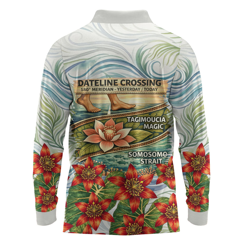 Fiji Taveuni Island Dateline Crossing Long Sleeve Polo Shirt Tropical Cultural Landscape With Tagimoucia Floral Pattern TS04 - Polynesian Pride