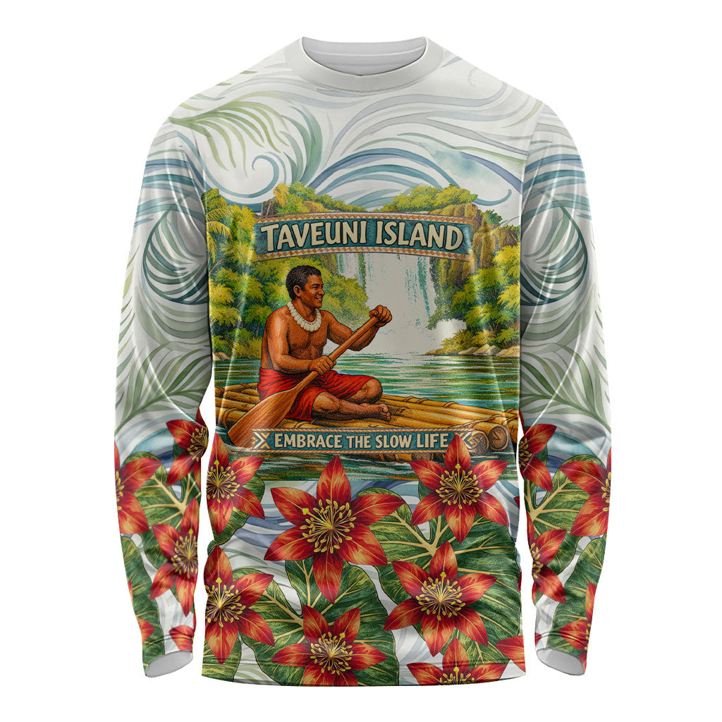 Fiji Taveuni Island Dateline Crossing Long Sleeve Shirt Tropical Cultural Landscape With Tagimoucia Floral Pattern