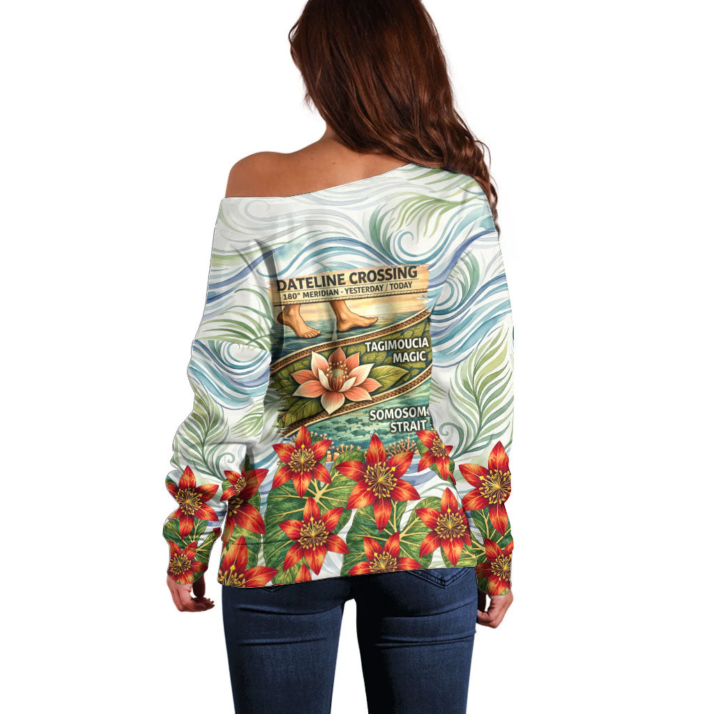 Fiji Taveuni Island Dateline Crossing Off Shoulder Sweater Tropical Cultural Landscape With Tagimoucia Floral Pattern TS04 - Polynesian Pride