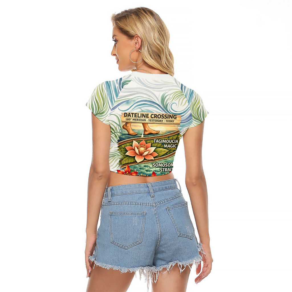 Fiji Taveuni Island Dateline Crossing Raglan Cropped T Shirt Tropical Cultural Landscape With Tagimoucia Floral Pattern TS04 - Polynesian Pride