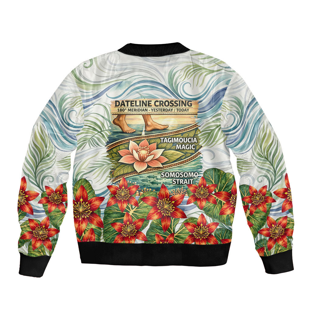 Fiji Taveuni Island Dateline Crossing Sleeve Zip Bomber Jacket Tropical Cultural Landscape With Tagimoucia Floral Pattern TS04 - Polynesian Pride