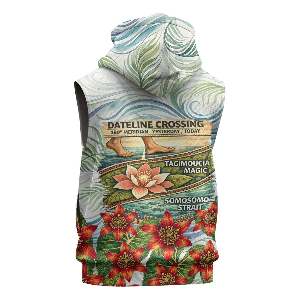 Fiji Taveuni Island Dateline Crossing Sleeveless Hoodie Tropical Cultural Landscape With Tagimoucia Floral Pattern TS04 - Polynesian Pride