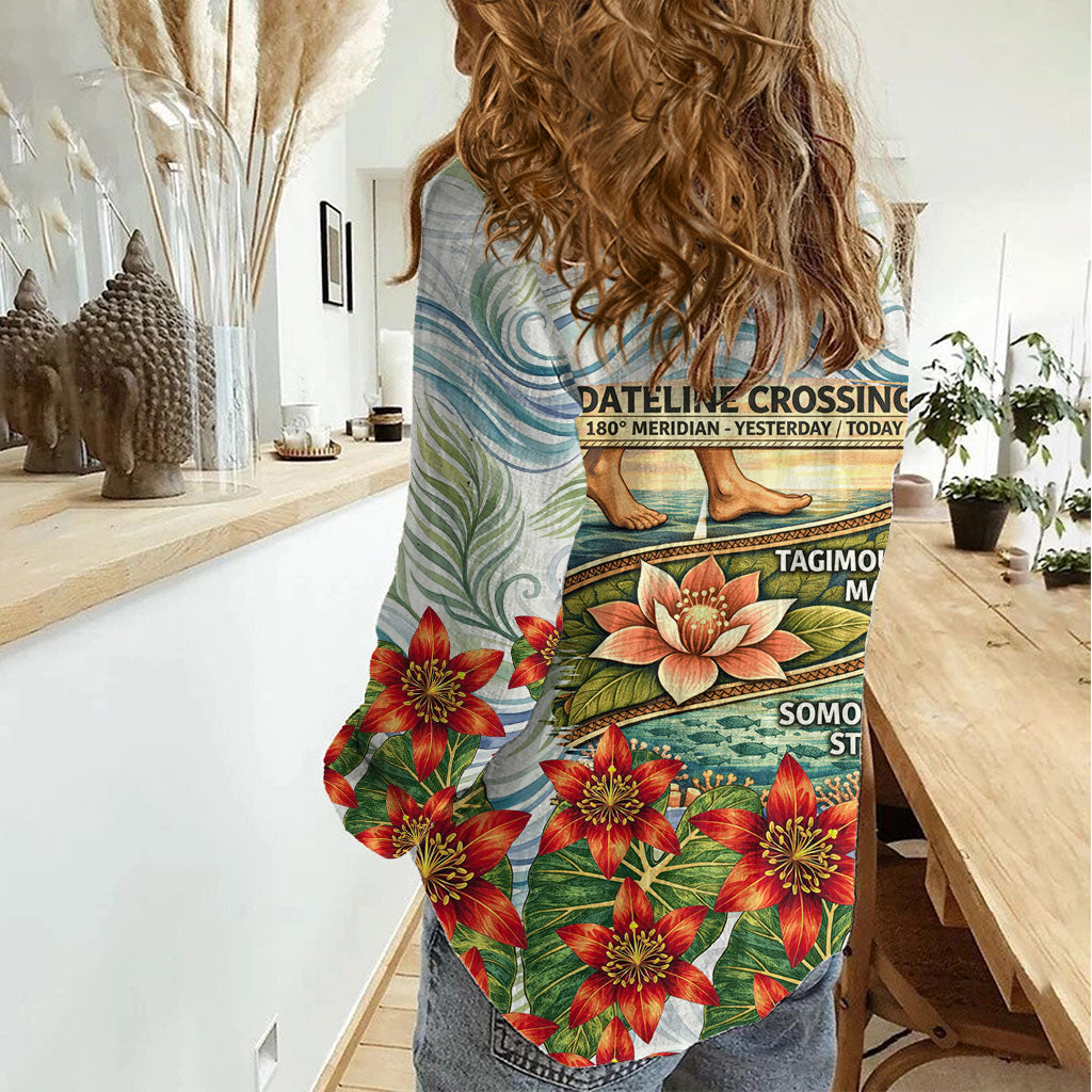 Fiji Taveuni Island Dateline Crossing Women Casual Shirt Tropical Cultural Landscape With Tagimoucia Floral Pattern TS04 - Polynesian Pride