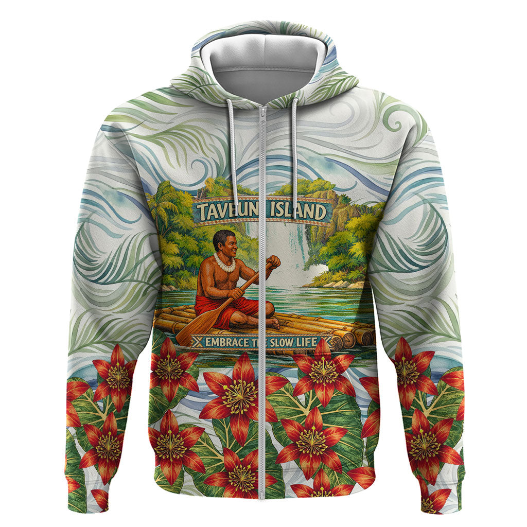 Fiji Taveuni Island Dateline Crossing Zip Hoodie Tropical Cultural Landscape With Tagimoucia Floral Pattern TS04 Zip Hoodie White Green - Polynesian Pride