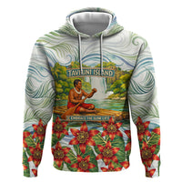 Fiji Taveuni Island Dateline Crossing Zip Hoodie Tropical Cultural Landscape With Tagimoucia Floral Pattern TS04 Pullover Hoodie White Green - Polynesian Pride