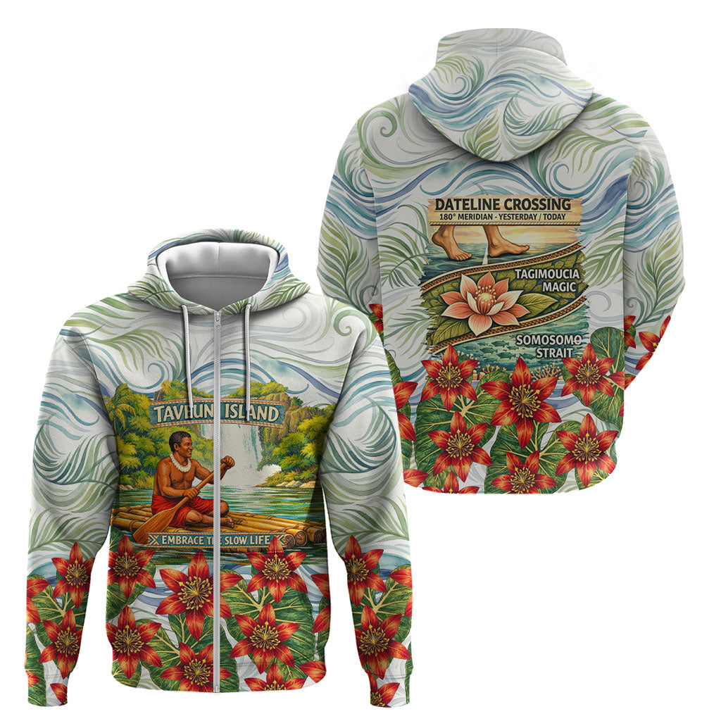Fiji Taveuni Island Dateline Crossing Zip Hoodie Tropical Cultural Landscape With Tagimoucia Floral Pattern TS04 - Polynesian Pride