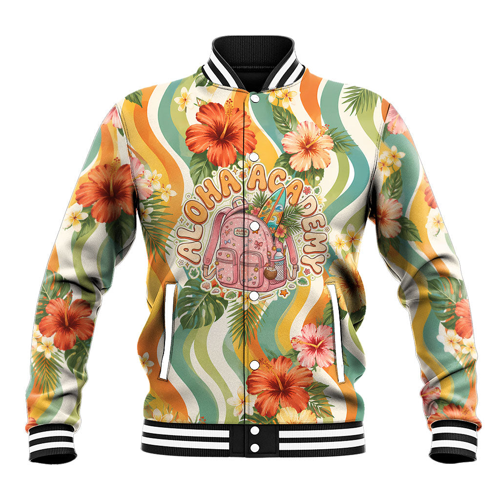 Hawaii Aloha Academy Back To School Baseball Jacket Sea Turtle Tropical Hibiscus Flowers Retro Psychedelic