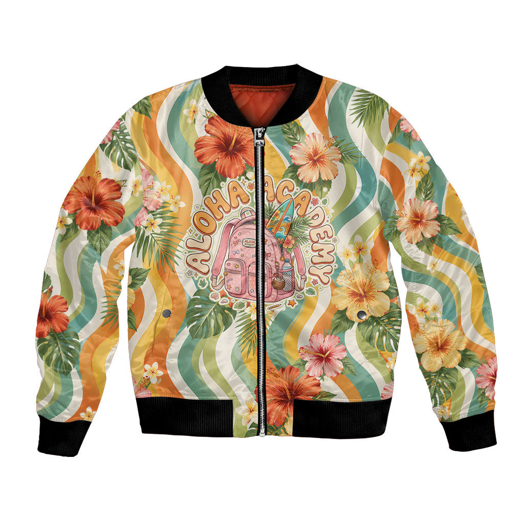 Hawaii Aloha Academy Back To School Bomber Jacket Sea Turtle Tropical Hibiscus Flowers Retro Psychedelic TS04 Unisex Orange Green - Polynesian Pride