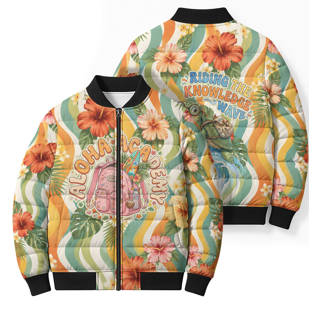 Hawaii Aloha Academy Back To School Bomber Puffer Jacket Sea Turtle Tropical Hibiscus Flowers Retro Psychedelic