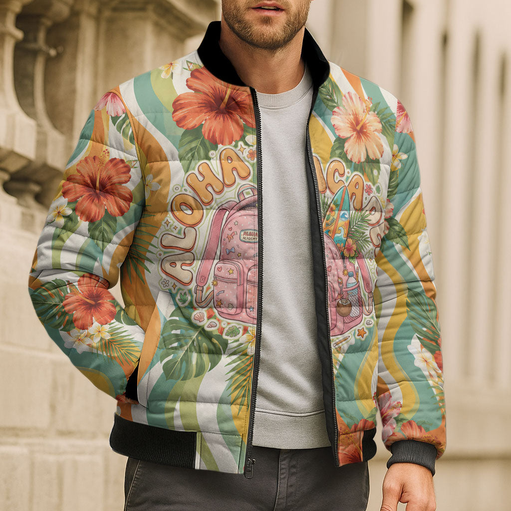 Hawaii Aloha Academy Back To School Bomber Puffer Jacket Sea Turtle Tropical Hibiscus Flowers Retro Psychedelic