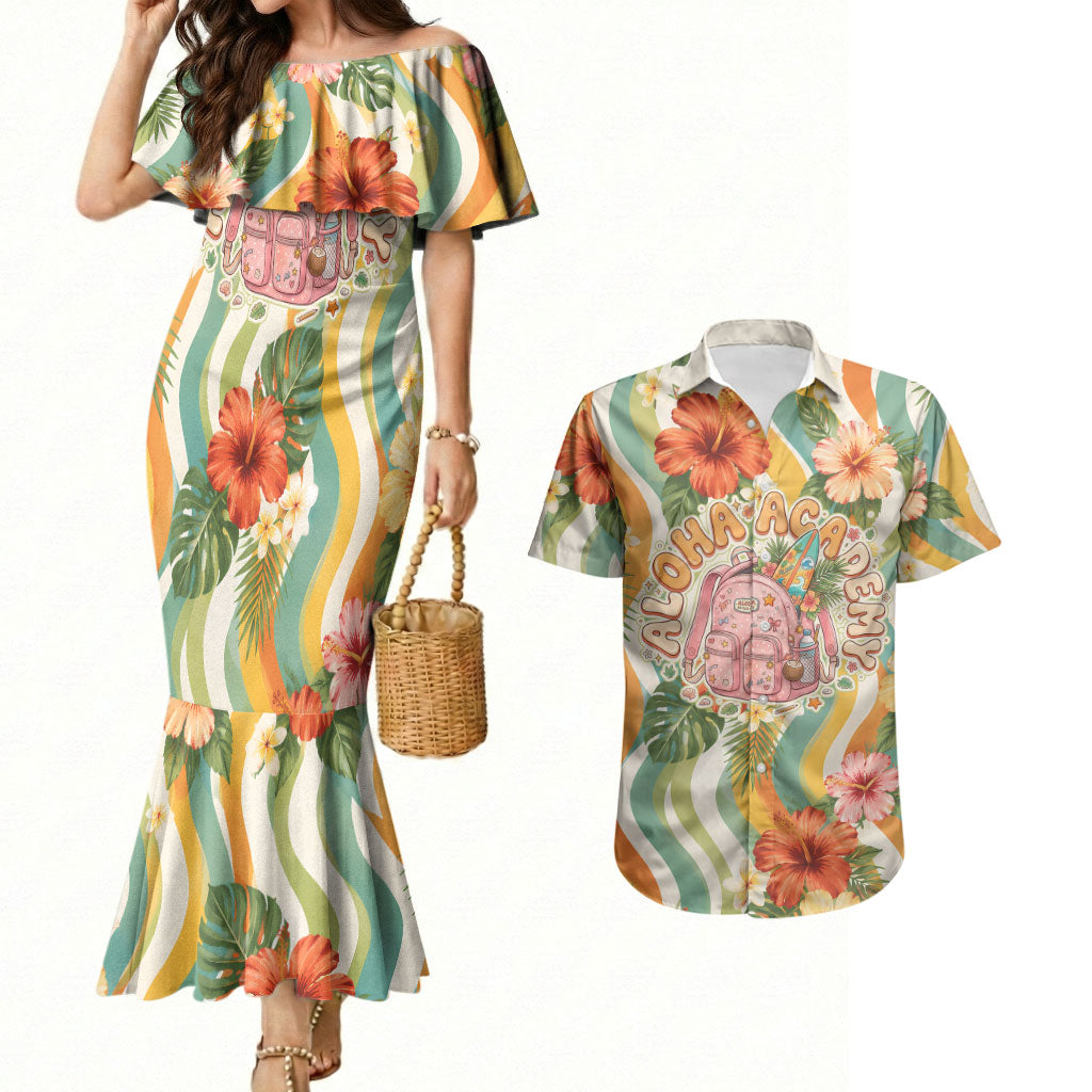 Hawaii Aloha Academy Back To School Couples Matching Mermaid Dress and Hawaiian Shirt Sea Turtle Tropical Hibiscus Flowers Retro Psychedelic TS04 Orange Green - Polynesian Pride