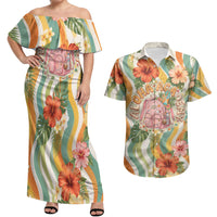 Hawaii Aloha Academy Back To School Couples Matching Off Shoulder Maxi Dress and Hawaiian Shirt Sea Turtle Tropical Hibiscus Flowers Retro Psychedelic TS04 Orange Green - Polynesian Pride